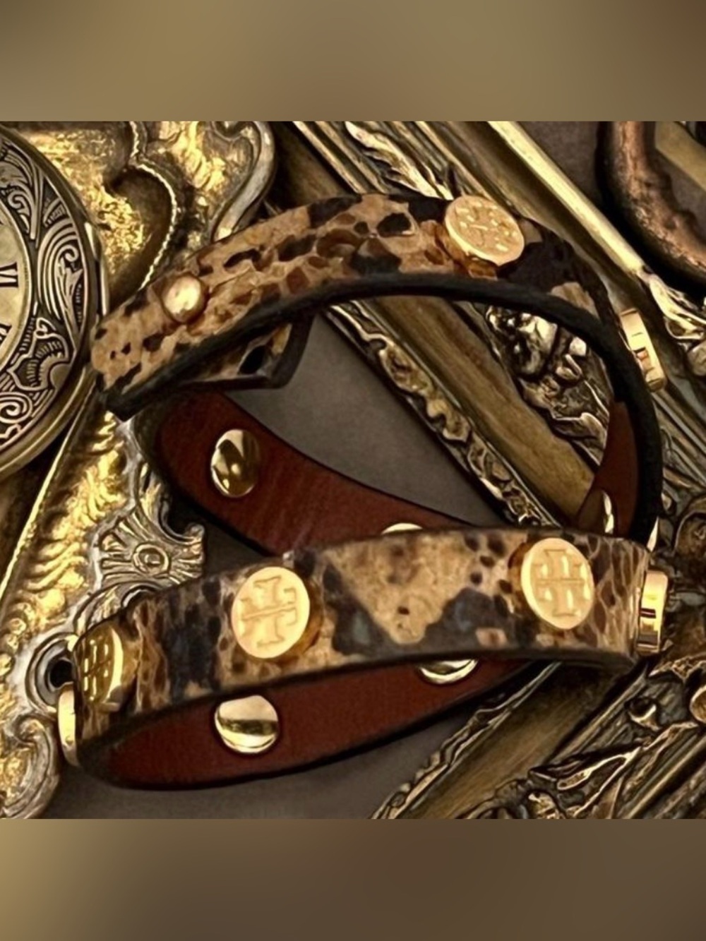 Tory Burch Gold-Emblem Snake-Embossed Double Wrap Bracelet EUC - Picture 4 of 4